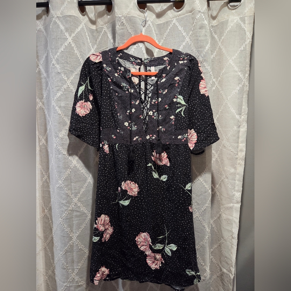Xhilaration Black Mini Dress with Pink Floral Pattern
